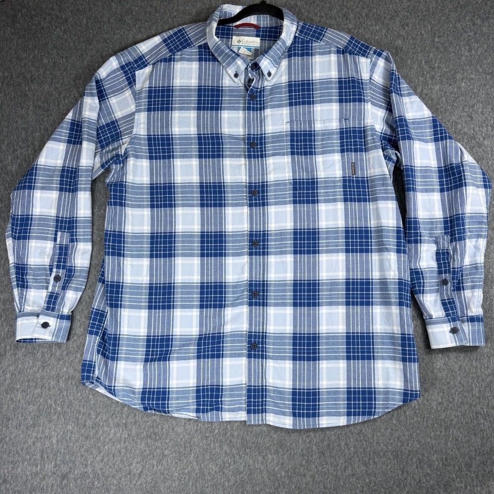 Columbia Flannel Shirt Mens XXL White Blue Checked Stretch Long Sleeve Button-Up